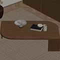 Minimalist Wooden Coffee Table with White Plate Books and Small Cup on Rug