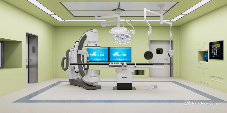 Modern Operating Room With C Arm X Ray Machine Surgical Lights Monitors And Table 3d model 