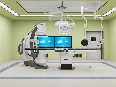 Modern Operating Room With C Arm X Ray Machine Surgical Lights Monitors And Table 3d model