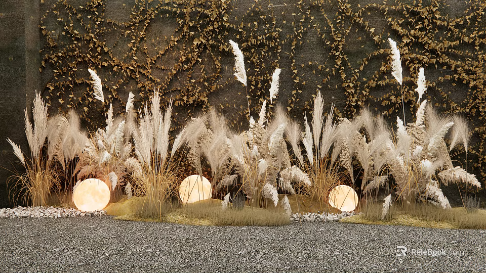 White Pampas Grass in Front of Vines Covered Wall with Round Lights on Gray Gravel 3d model 