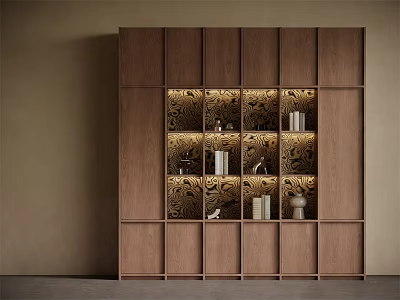 Modern Wooden Bookcase Featuring Geometric Shelves Built in Lighting and Decorative Items 3d model