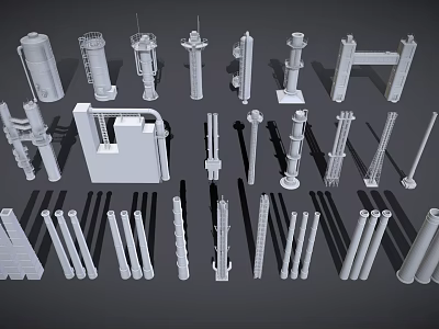 Various Industrial Equipment Components Including Pipes Supports Frames and Tower Structures 3d model