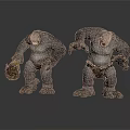 Two Giant Ape Sculptures Displaying Bent Postures Holding Rock And Open Mouth Features