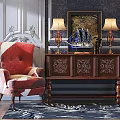 Carved Wooden Console Table With Red Armchair Table Lamps And Decorative Painting In Entryway