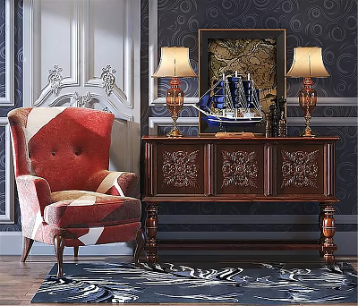 Carved Wooden Console Table With Red Armchair Table Lamps And Decorative Painting In Entryway 3d model