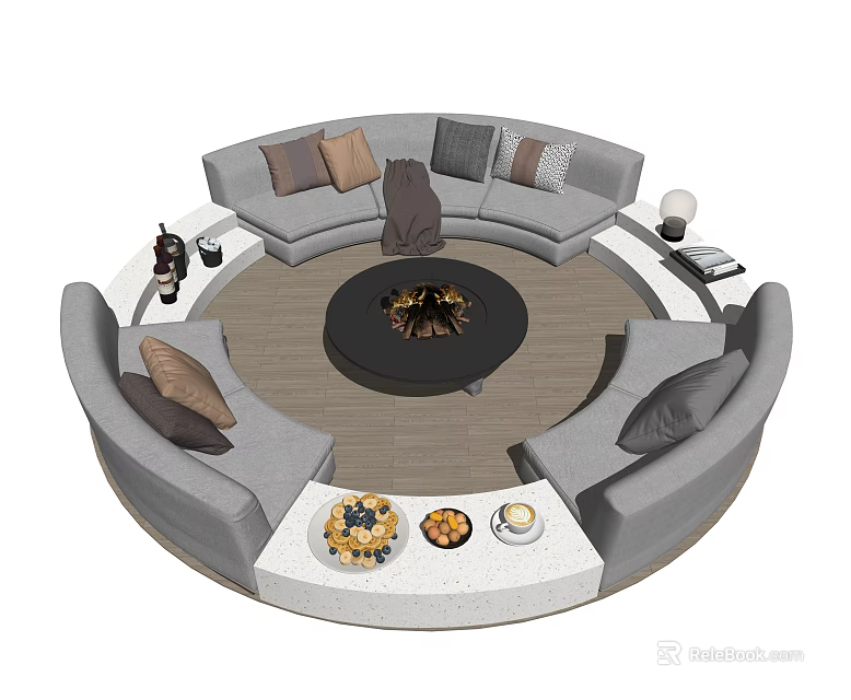 Outdoor Circular Sofa Set With Central Fire Pit Throw Pillows And Snacks 3d model