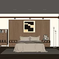Minimalist Bedroom Interior Design With Wooden Accent Wall Beige Bedspread And Geometric Art
