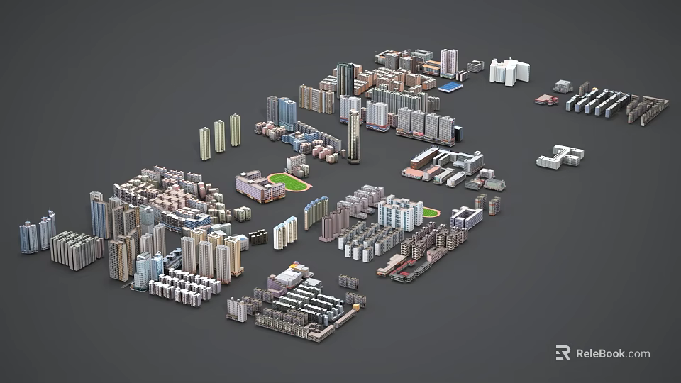 Detailed Birds Eye View Urban Planning with Residential Commercial Structures and Green Spaces 3d model 
