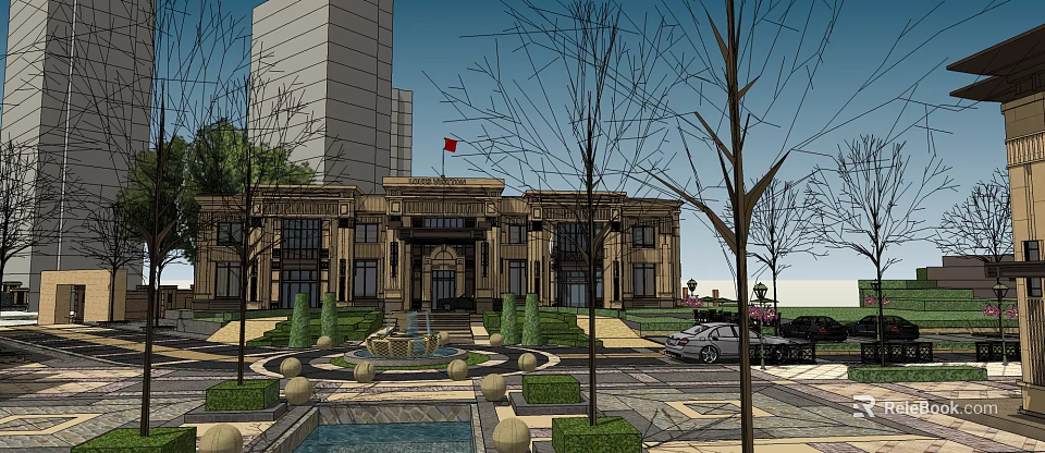 Classical Style Sales Office Building With Front Fountain Landscaped Garden Trees And Parked Car 3d model 