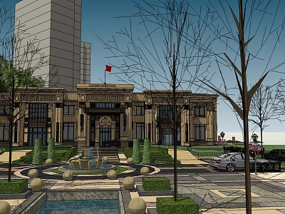 Classical Style Sales Office Building With Front Fountain Landscaped Garden Trees And Parked Car 3d model
