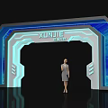 XUNJIE Tech Archway with Blue Illuminated Edges and Standing Female Figure in Modern Digital Backdrop