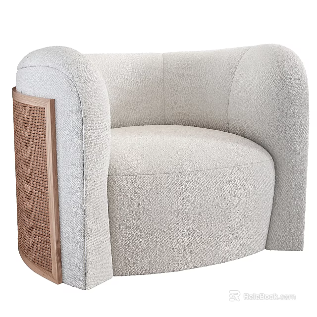 Modern Single Sofa in Light Gray Fabric with Rounded Arms and Wooden Woven Side Panel 3d model 