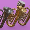 Three Silver Gold And Bronze Tubas As Musical Instruments On Purple Background