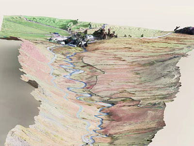 Microtopography Terrain Model With Winding River Colorful Layers And Green Vegetation 3d model