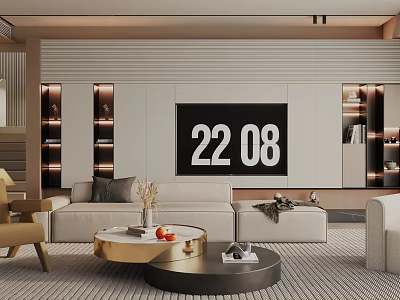 Modern Living Room Interior Design With Sofa Coffee Table TV Wall And Shelves With Lighting 3d model
