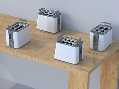 Four Toasters As Modern Kitchen Appliances On Wooden Countertop 3d model