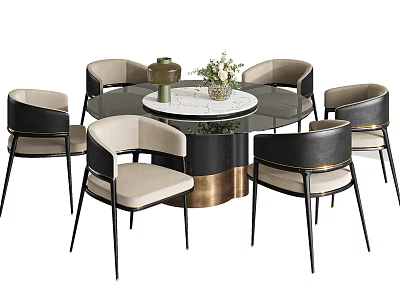 Round Glass Top Dining Table Set with Six Light Upholstered Chairs Black Gold Base 3d model
