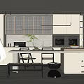 Modern Kitchen Interior With Cabinets Island Pendant Lights Plant And Stools