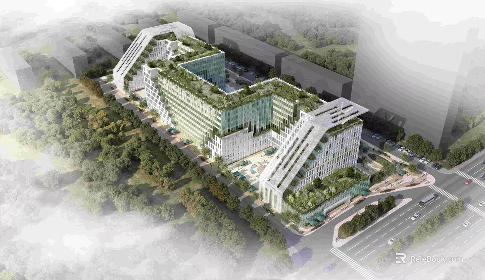Modern Architectural Building Design With Green Roof And Surrounding Trees Landscape 3d model 