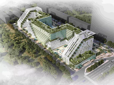 Modern Architectural Building Design With Green Roof And Surrounding Trees Landscape 3d model