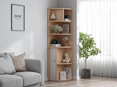 Modern Wooden Corner Bookshelf In Living Room With Decorative Items And Plants 3d model