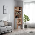 Modern Wooden Corner Bookshelf In Living Room With Decorative Items And Plants