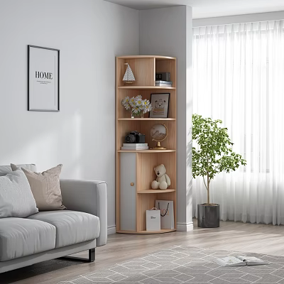 Modern Wooden Corner Bookshelf In Living Room With Decorative Items And Plants 3d model