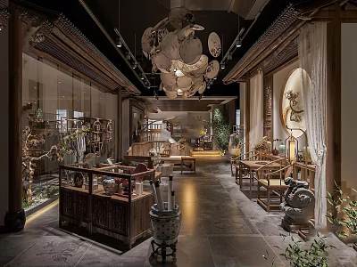 Traditional Teahouse Interior With Wooden Furniture Decorative Chandelier And Display Cabinets 3d model