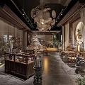 Traditional Teahouse Interior With Wooden Furniture Decorative Chandelier And Display Cabinets