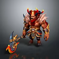 Horned Demon Warrior With Red Beard Ornate Armor Feathered Shoulders And Battle Axe