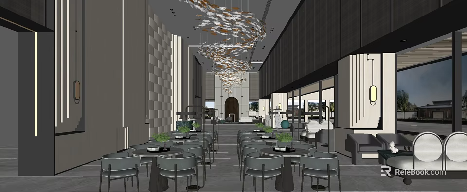 Modern Sales Office Interior With Fish Shaped Chandeliers Textured Walls Gray Flooring And Large Windows 3d model 