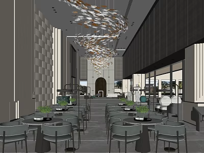 Modern Sales Office Interior With Fish Shaped Chandeliers Textured Walls Gray Flooring And Large Windows 3d model