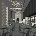 Modern Sales Office Interior With Fish Shaped Chandeliers Textured Walls Gray Flooring And Large Windows