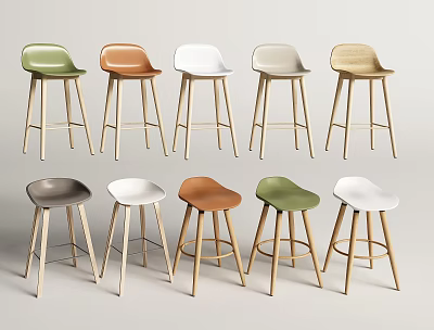 Multiple Colored Modern Bar Stools With Wooden Legs And Different Styles 3d model