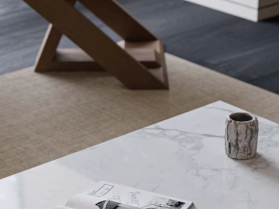 Modern Coffee Table With White Marble Top Open Magazine And Decorative Vase On Neutral Rug 3d model