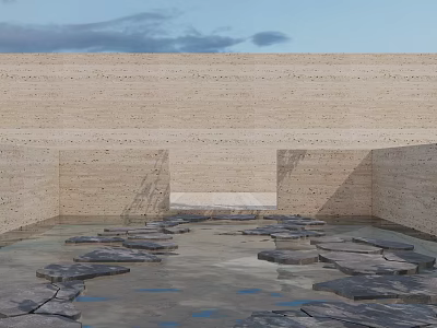 Natural Stone Stepping Stones In Water Pool With Surrounding Stone Walls And Reflections 3d model