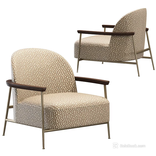 Modern Upholstered Accent Chair With Beige Geometric Pattern Wooden Armrests And Metal Legs 3d model 