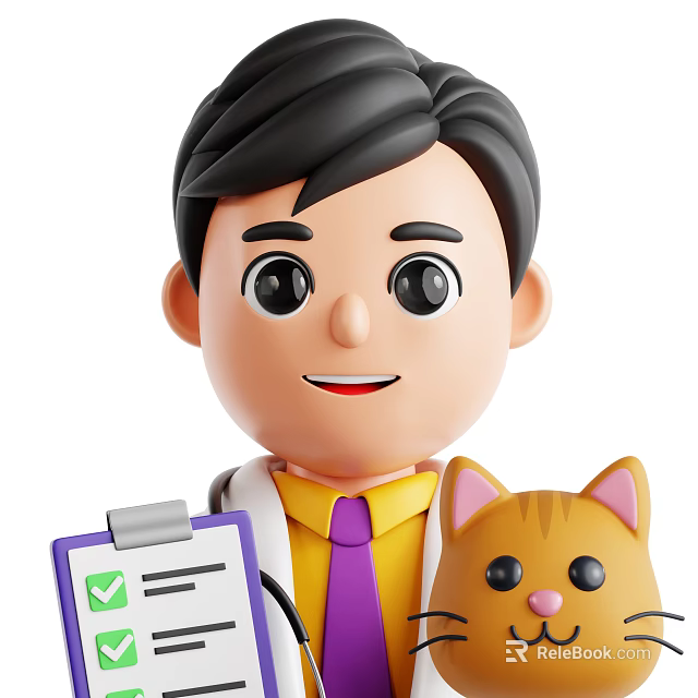 Man Veterinarian Wearing Stethoscope Holding Clipboard With Check Mark Next To Cat 3d model 