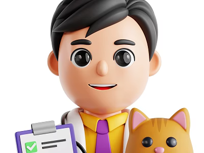 Man Veterinarian Wearing Stethoscope Holding Clipboard With Check Mark Next To Cat 3d model