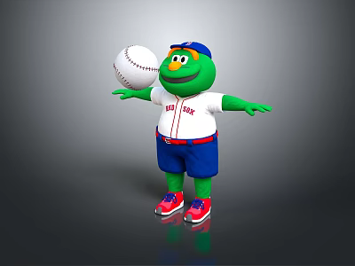 Green Creature Character Wearing Blue Cap Red Sox Shirt Blue Shorts And Red Shoes Holding Baseball 3d model