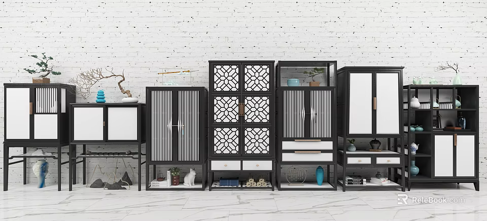 Modern Storage Cabinet Shelves With Lattice Design Drawers And Decorative Items 3d model 
