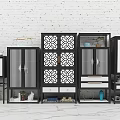 Modern Storage Cabinet Shelves With Lattice Design Drawers And Decorative Items