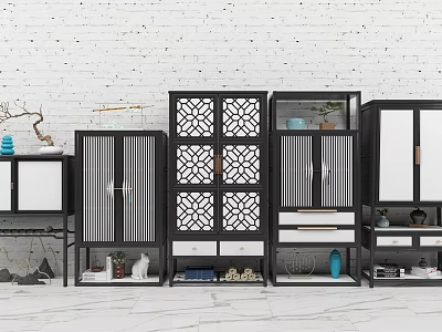 Modern Storage Cabinet Shelves With Lattice Design Drawers And Decorative Items 3d model