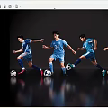 Four men in blue jerseys playing football with dynamic running and kicking on black reflective ground