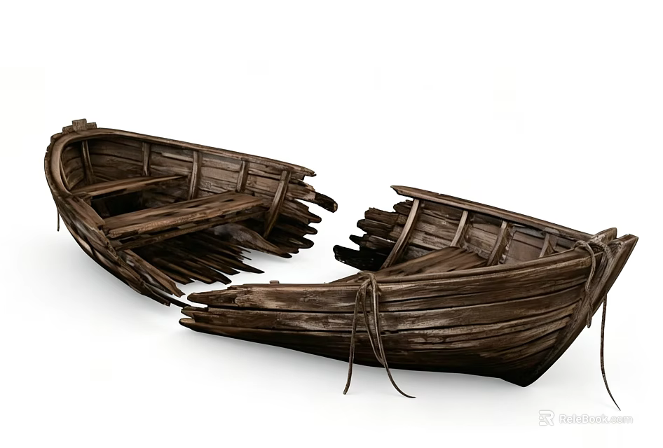 Pair of Vintage Broken Wooden Boat Decorative Ornament Set With Rustic Design 3d model 