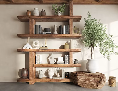 Rustic Wooden Shelf With Decorative Vases Books And Green Plants In Home Interior 3d model