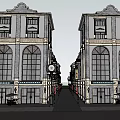Charming Commercial Street With Storefronts Awnings Outdoor Seating And Street Lamps