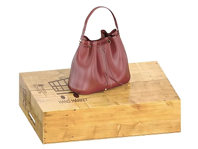 Red Leather Bucket Bag Placed on Wooden Crate with Vintage Market Label 3d model