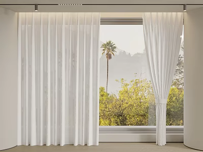 White Sheer Curtains In Modern Room With Palm Tree And Mountain View 3d model