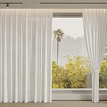 White Sheer Curtains In Modern Room With Palm Tree And Mountain View